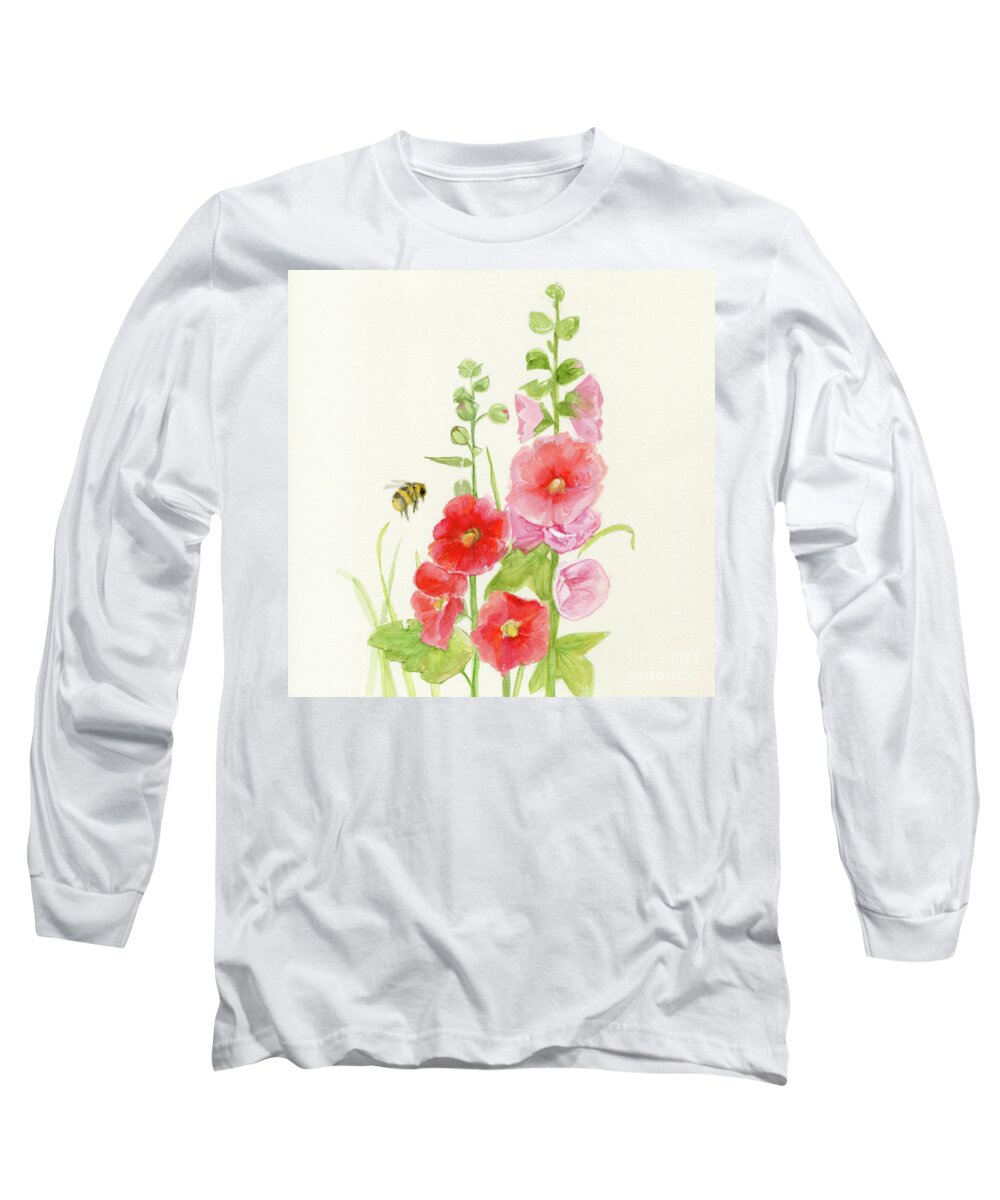 Flowers Long Sleeve T-Shirt featuring the painting Pink Hollyhock Watercolor by Laurie Rohner
