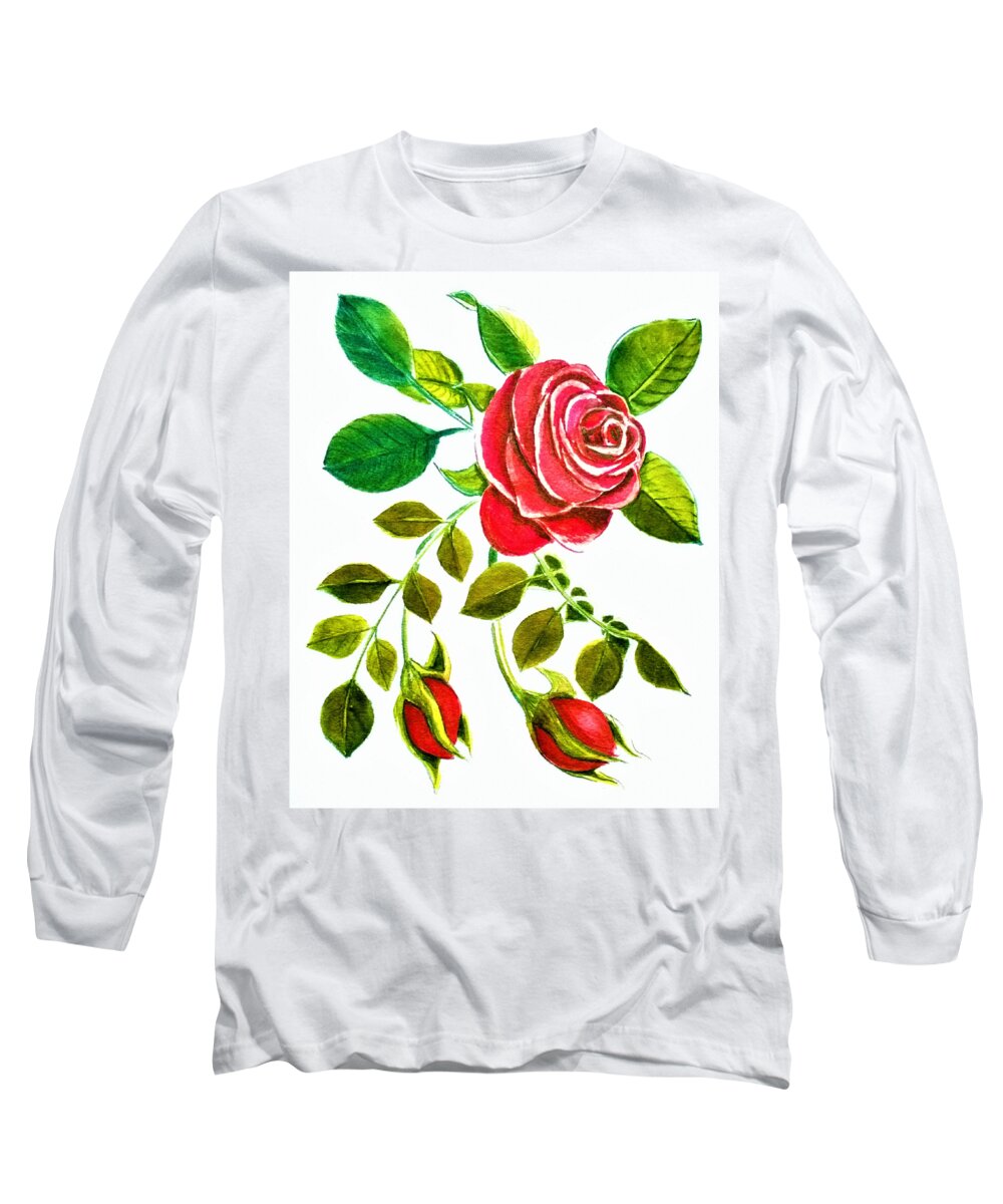 Red Long Sleeve T-Shirt featuring the painting Red Rose Watercolor by Delynn Addams for Home Decor by Delynn Addams