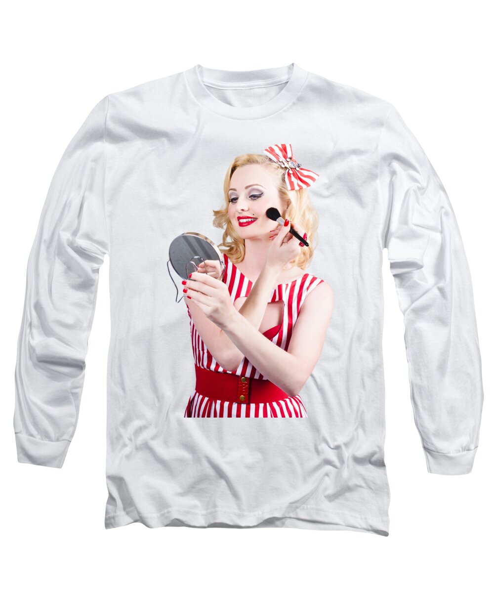 Retro Long Sleeve T-Shirt featuring the photograph Retro pin-up woman doing beauty make-up by Jorgo Photography