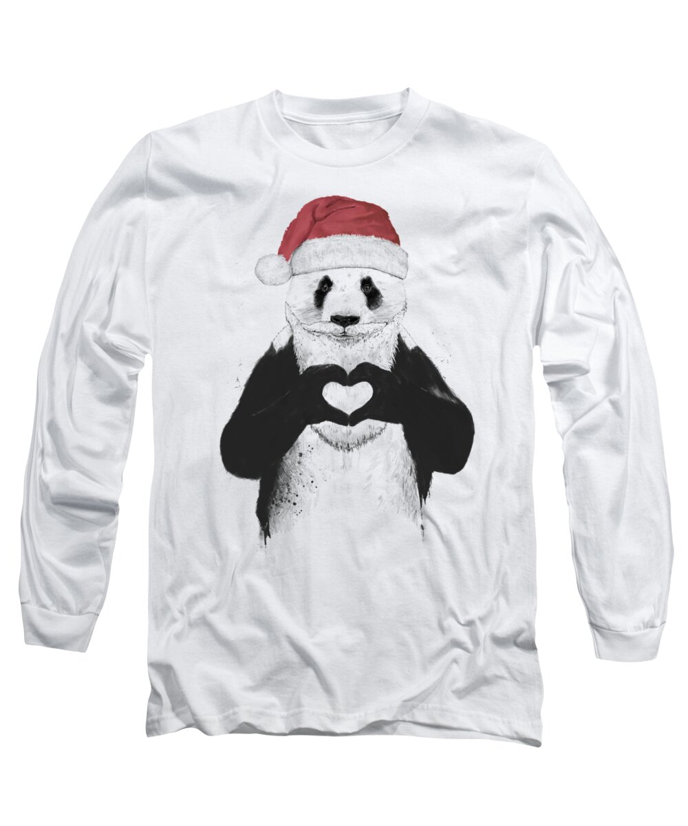 Panda Long Sleeve T-Shirt featuring the mixed media Santa panda by Balazs Solti