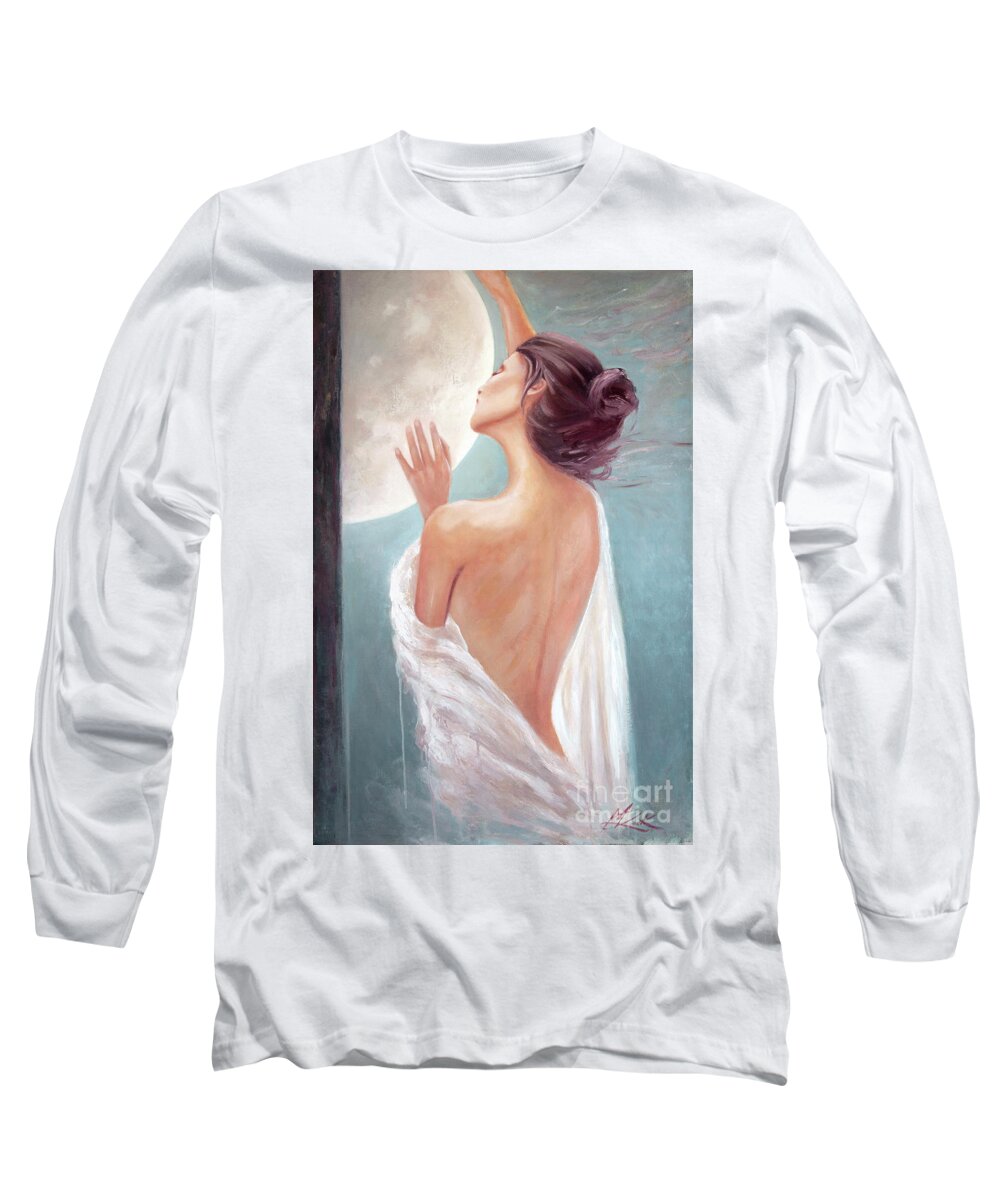 Selene Long Sleeve T-Shirt featuring the painting Selene Moon Goddess by Michael Rock