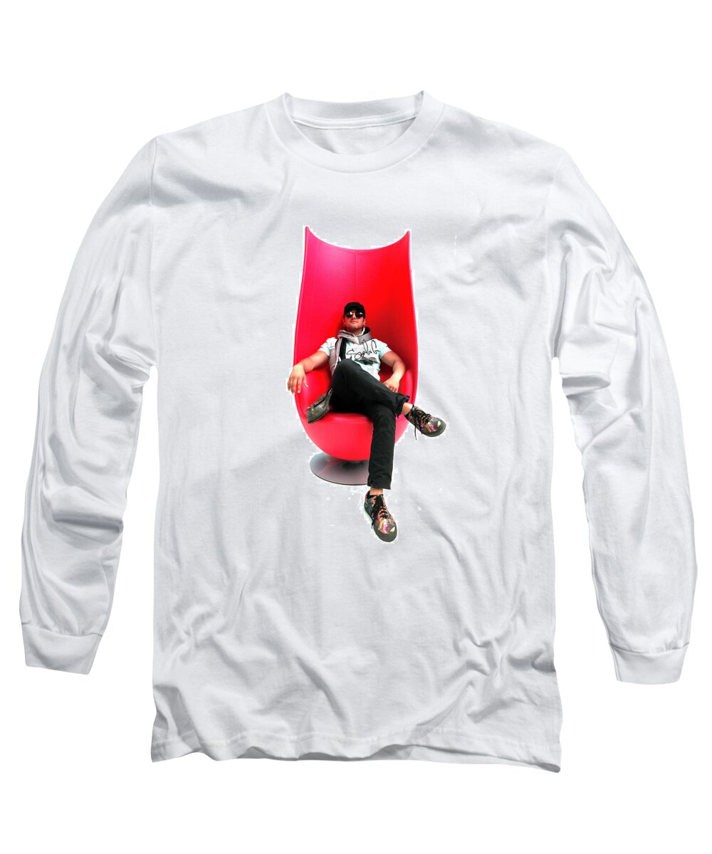 Artist Chair Red Glasses Cool La Hollywood Beverly Hills Man Guy Dude Male Masculine Art Scarf Simple Simplistic Minimal Famous Actor Star Long Sleeve T-Shirt featuring the digital art Sergio in Beverly Hills by Jamie Looney