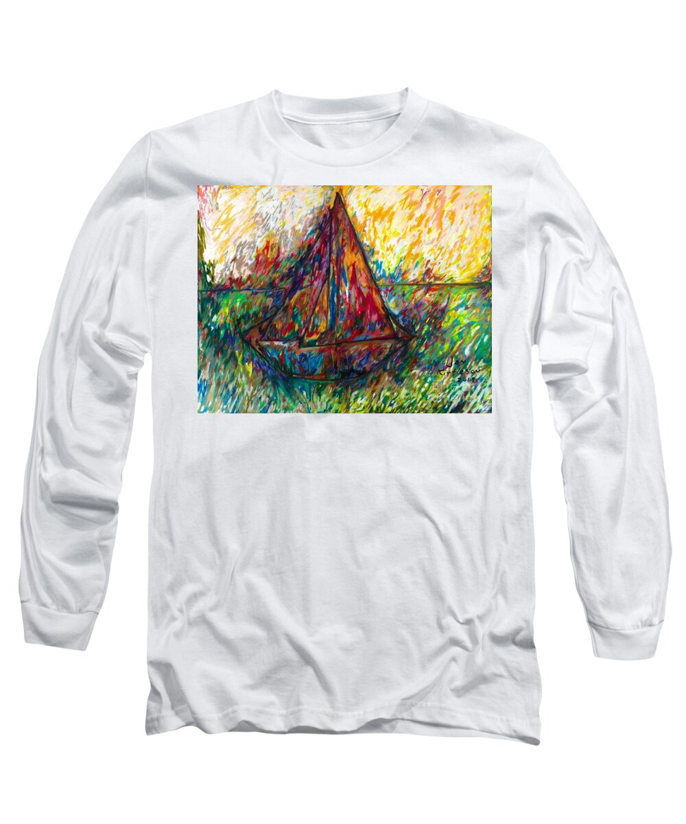 A Wonderful Day Out On The Water Long Sleeve T-Shirt featuring the drawing Ship in color by Jon Kittleson