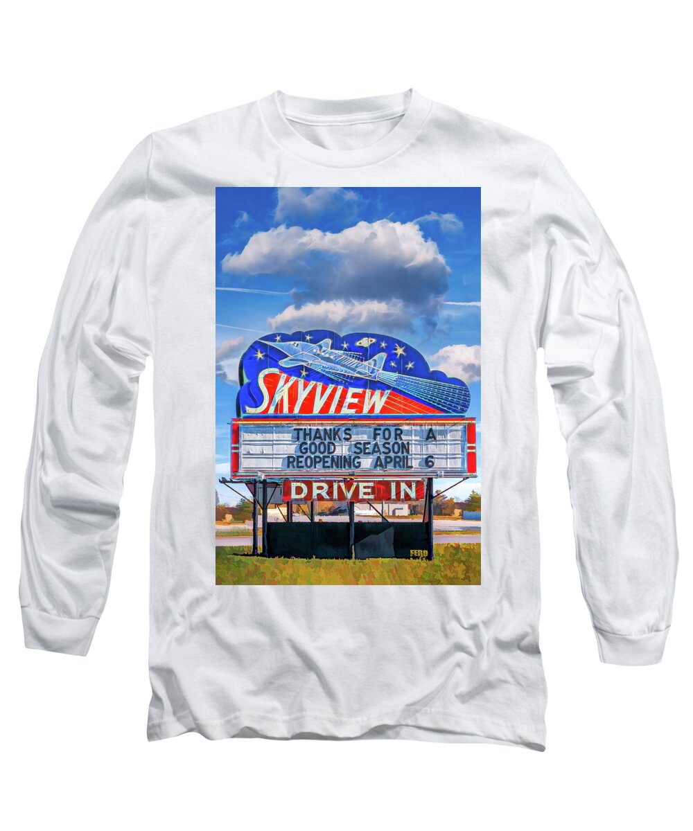 Americana Long Sleeve T-Shirt featuring the digital art SKYVIEW Drive-in Theater Neon Sign by Robert FERD Frank