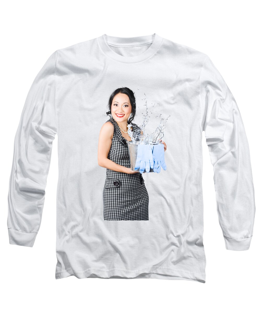 Cleaner Long Sleeve T-Shirt featuring the photograph Smiling female cleaner ready to start housework by Jorgo Photography