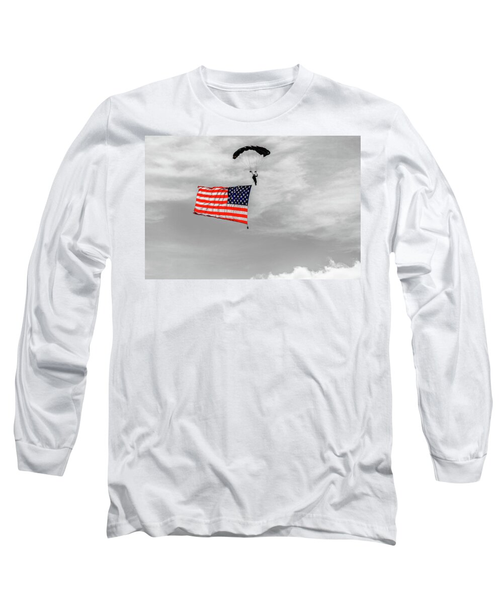 Socom Long Sleeve T-Shirt featuring the photograph SOCOM Flag Jump in selective color by Doug Camara