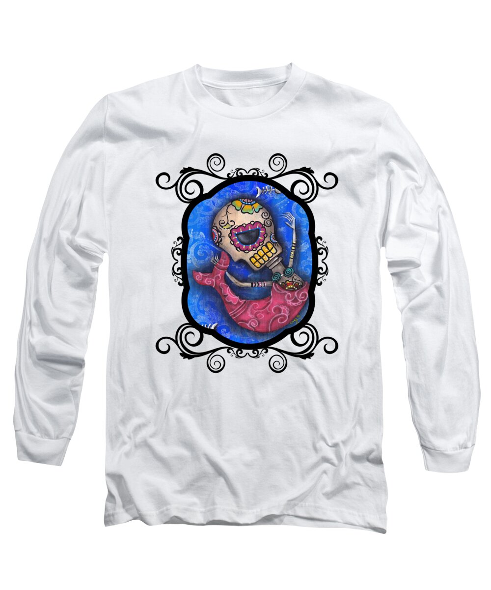 Day Of The Dead Long Sleeve T-Shirt featuring the painting Sugar Skull Mermaid by Abril Andrade