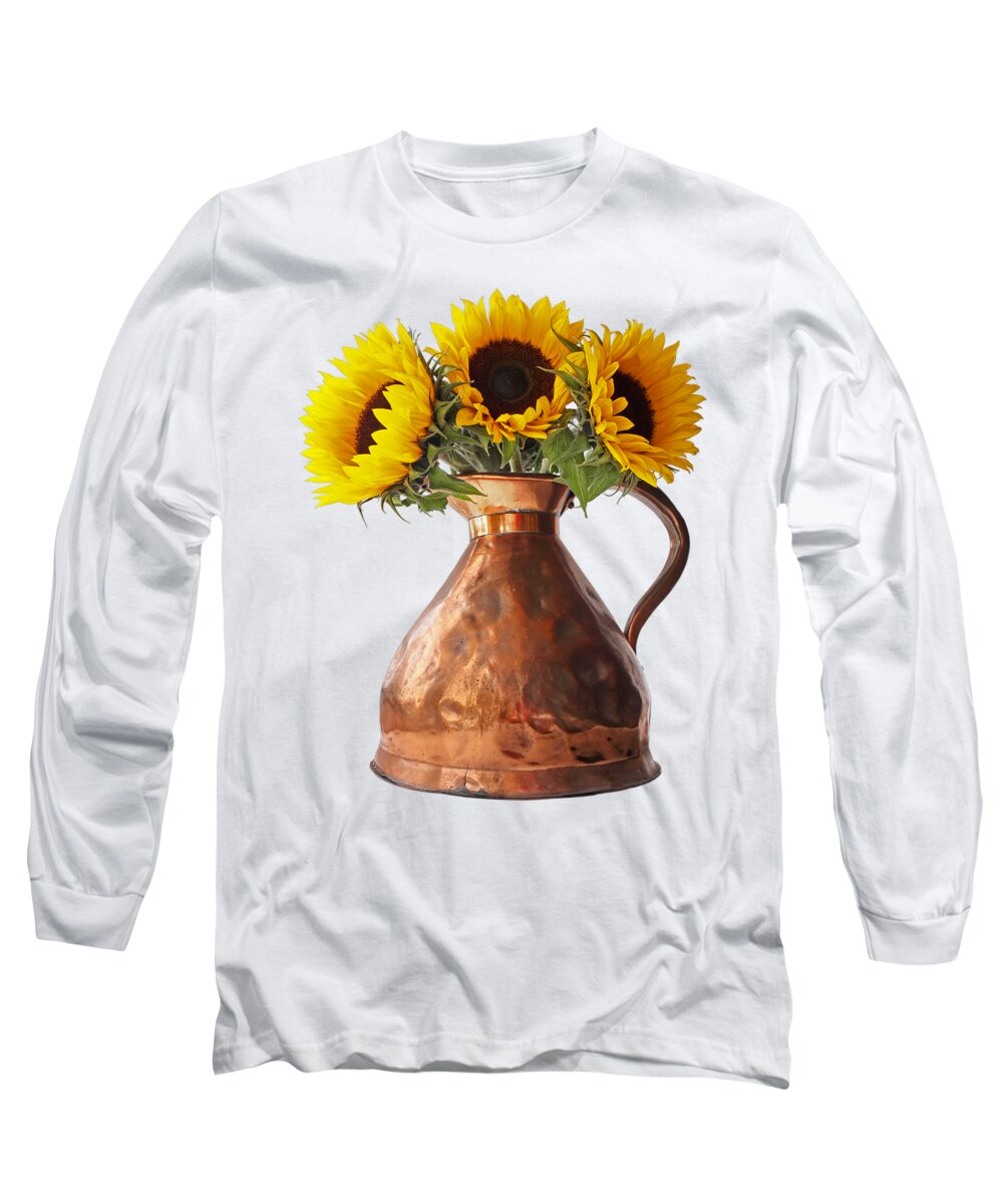 Sunflower Long Sleeve T-Shirt featuring the photograph Sunflowers in Antique Copper Pitcher by Gill Billington