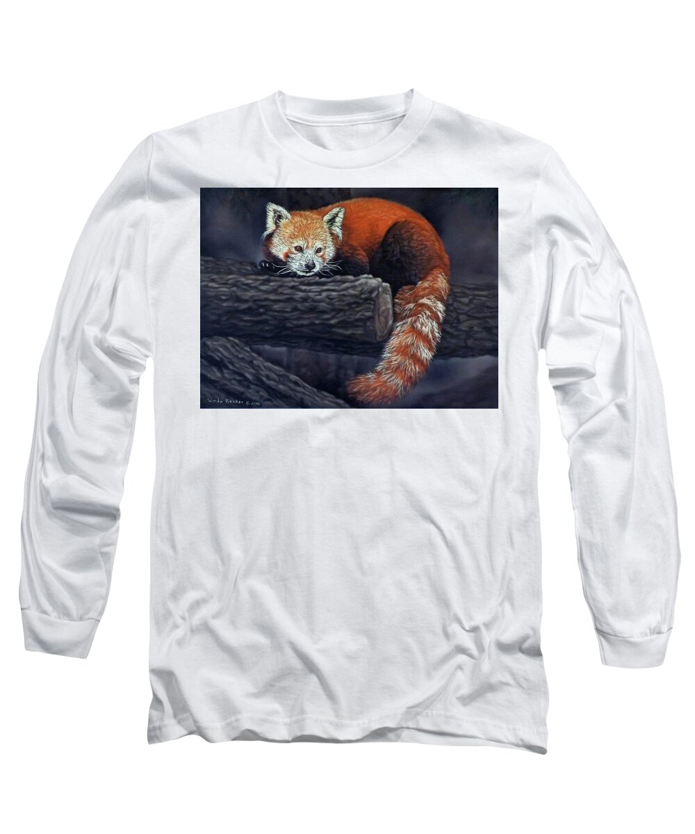 Red Panda Long Sleeve T-Shirt featuring the painting Takeo, the red panda by Linda Becker