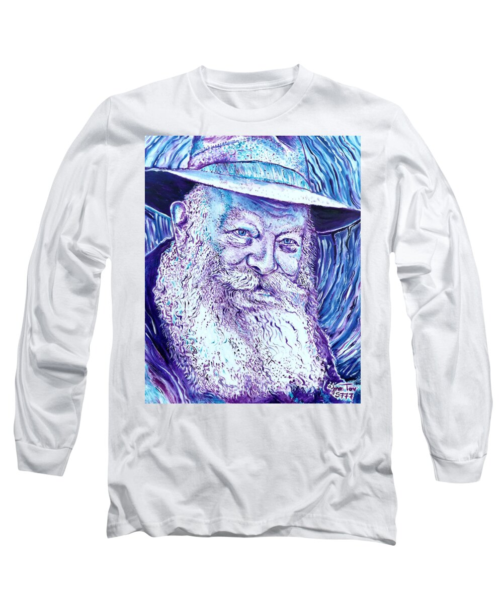 Rabbi Long Sleeve T-Shirt featuring the painting The Lubavitcher Rebbe Purple by Yom Tov Blumenthal