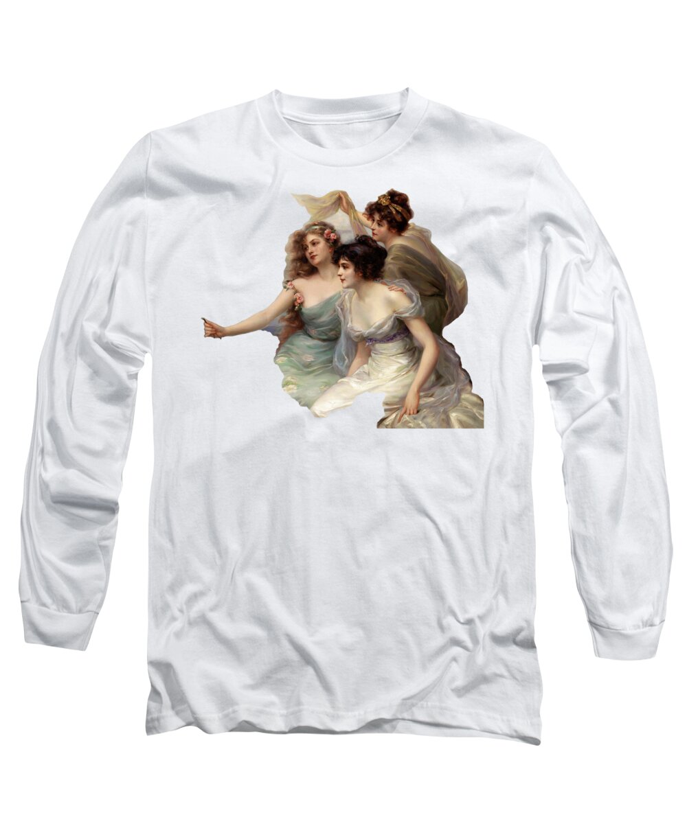 The Three Graces Long Sleeve T-Shirt featuring the painting The Three Graces Die drei Grazien by Edouard Bisson by Rolando Burbon