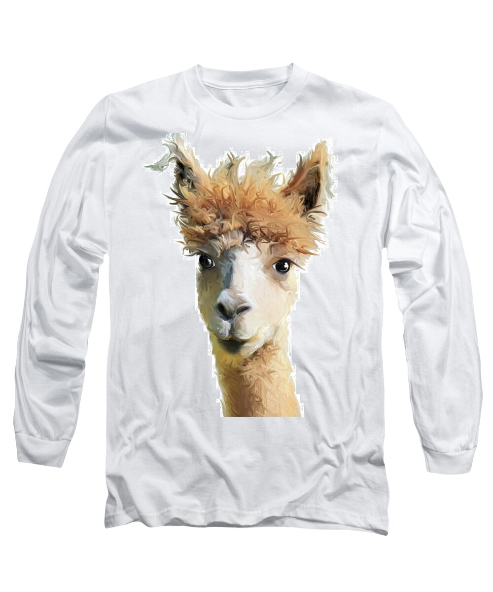 Llamas Long Sleeve T-Shirt featuring the mixed media There are birds living on my head and they won't leave by Brenda Leedy