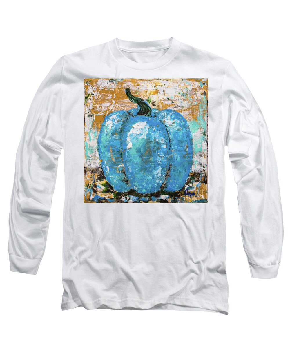 Pumpkin Long Sleeve T-Shirt featuring the painting Tiny Blue Pumpkin by Cheryl McClure