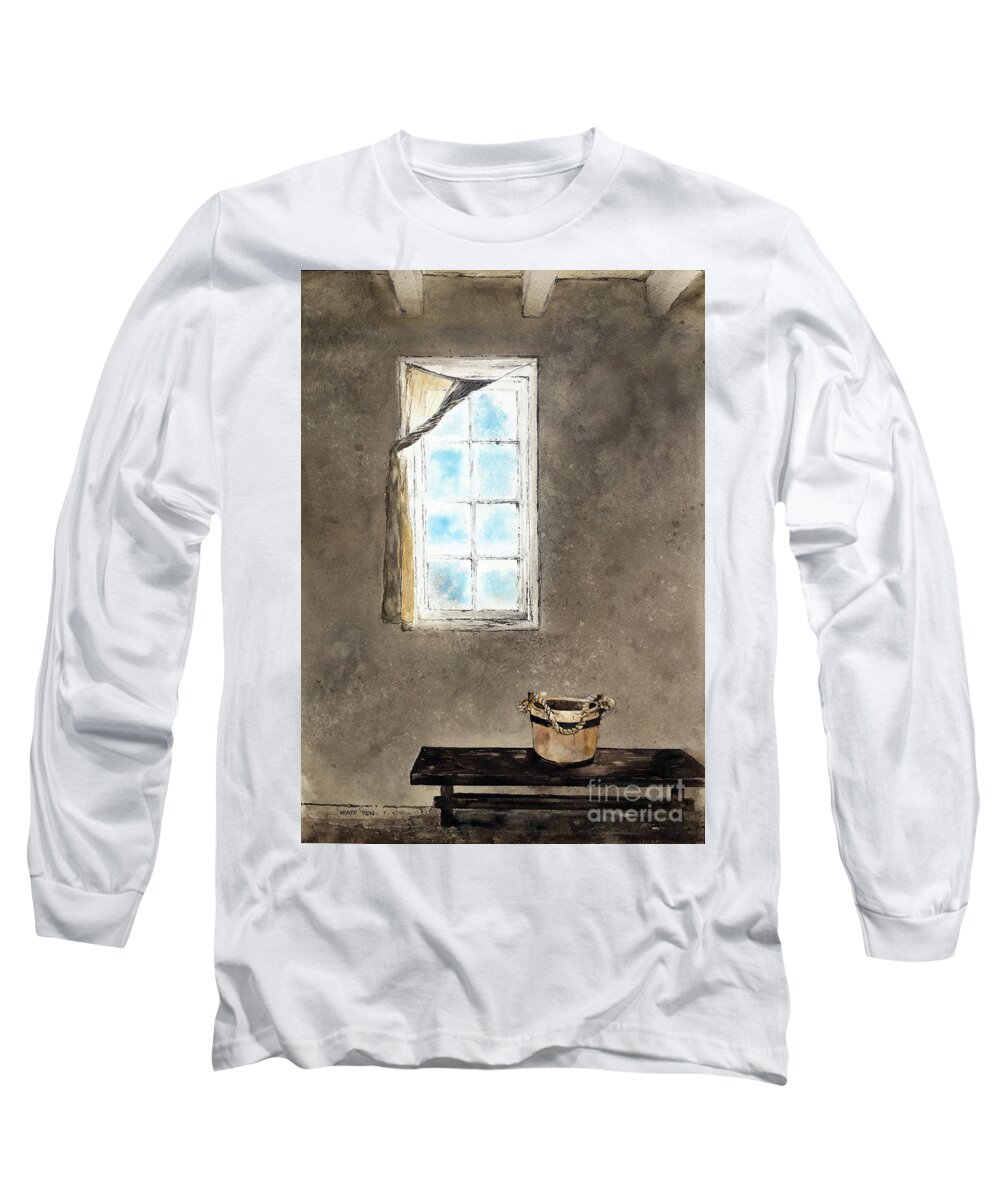 A Twisted Curtain Hangs On An Antique Window Over A Bench With A Wooden Water Bucket On It.  Long Sleeve T-Shirt featuring the painting Twisted by Monte Toon
