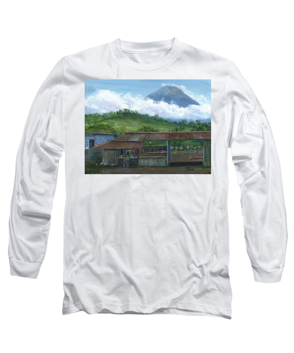 Guatemala Long Sleeve T-Shirt featuring the painting Volcano Agua, Guatemala, with Fruit Stand by Lenora De Lude