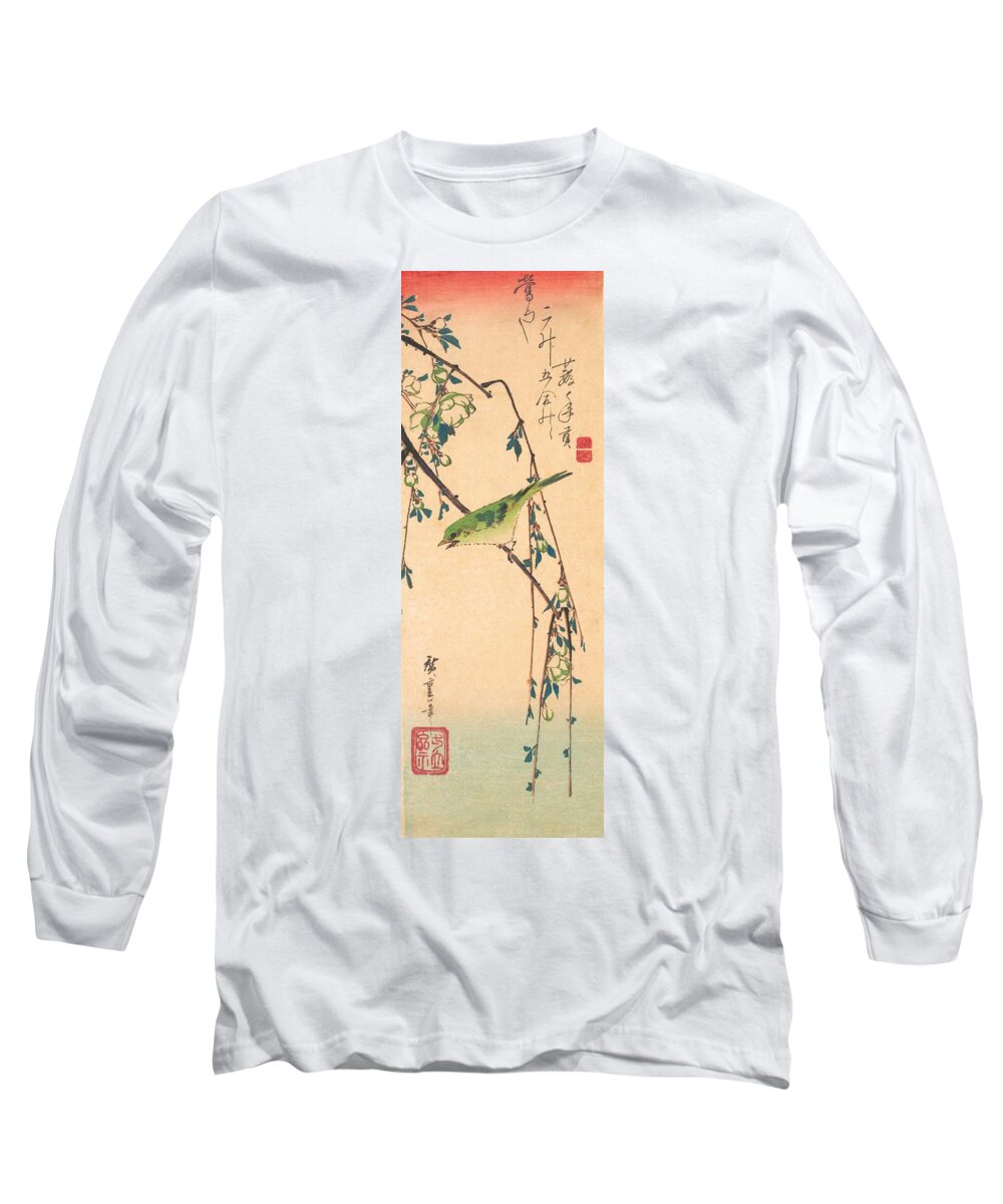 Utagawa Hiroshige Long Sleeve T-Shirt featuring the painting Warbler on a Plum Branch by Utagawa Hiroshige