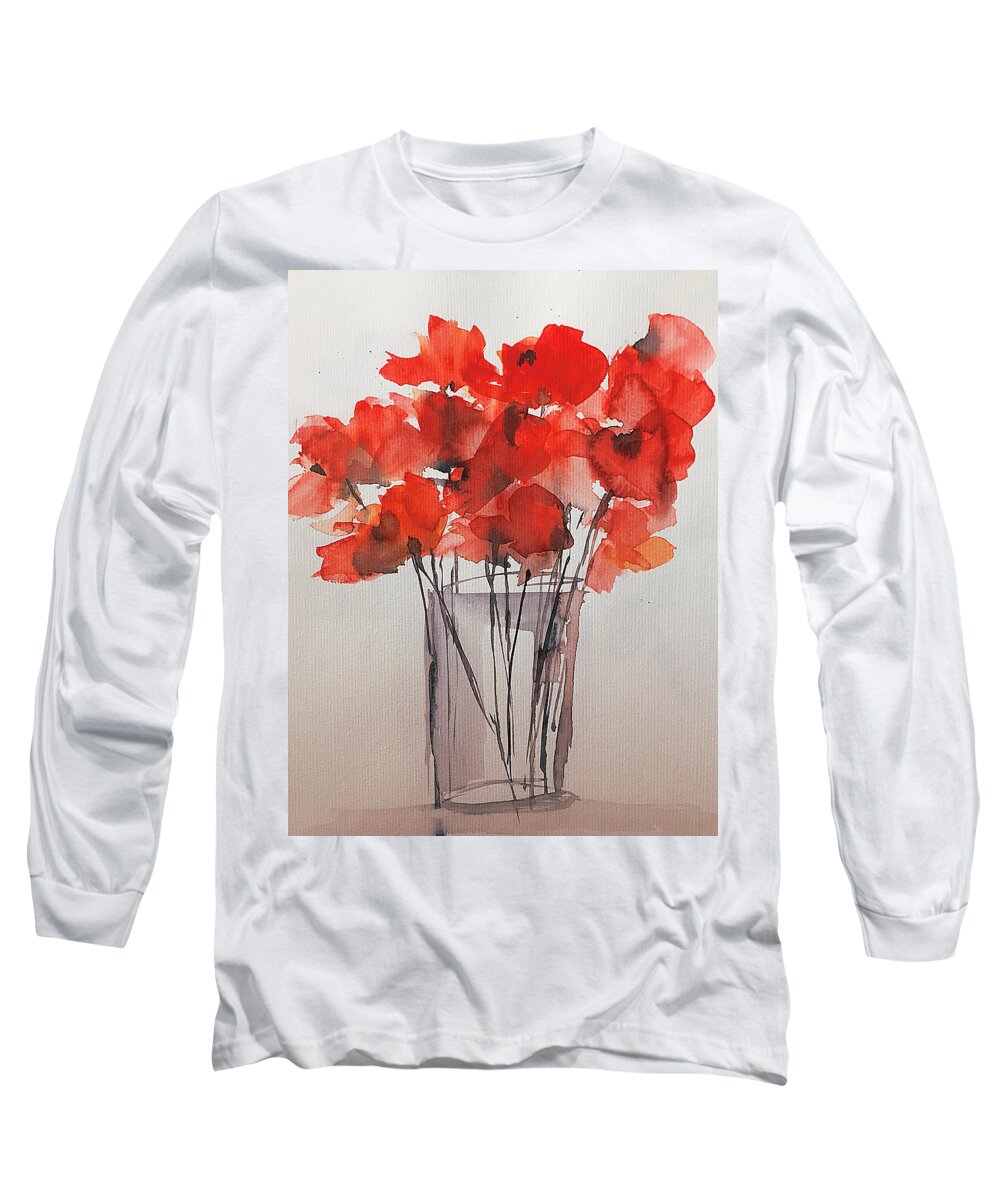 Red Long Sleeve T-Shirt featuring the painting Watercolor Red Poppies In The Vase by Britta Zehm
