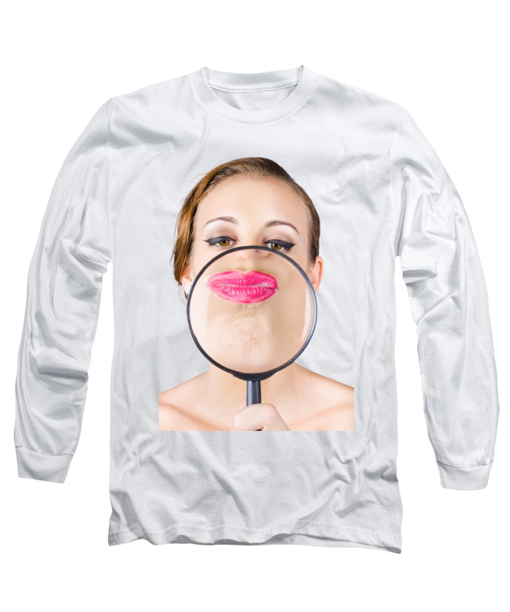 Cosmetics Long Sleeve T-Shirt featuring the photograph Woman kissing magnifying glass by Jorgo Photography