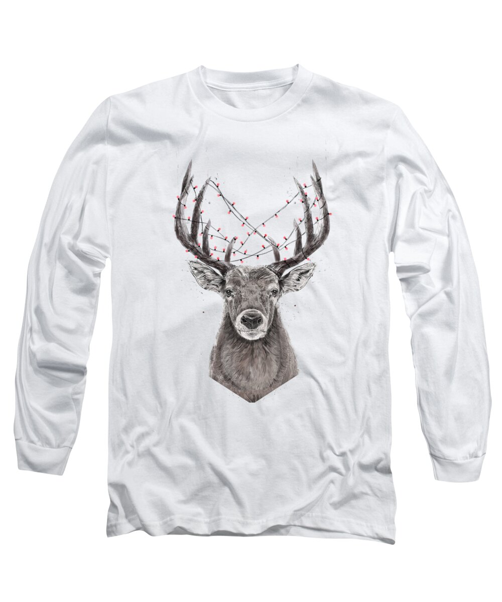 Deer Long Sleeve T-Shirt featuring the drawing Xmas deer by Balazs Solti