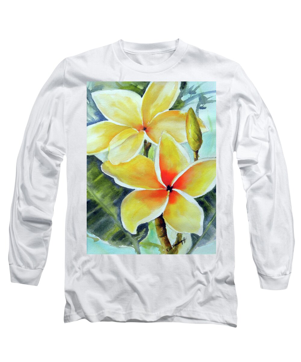 Yellow Plumeria Long Sleeve T-Shirt featuring the painting Yellow Plumeria by Hilda Vandergriff