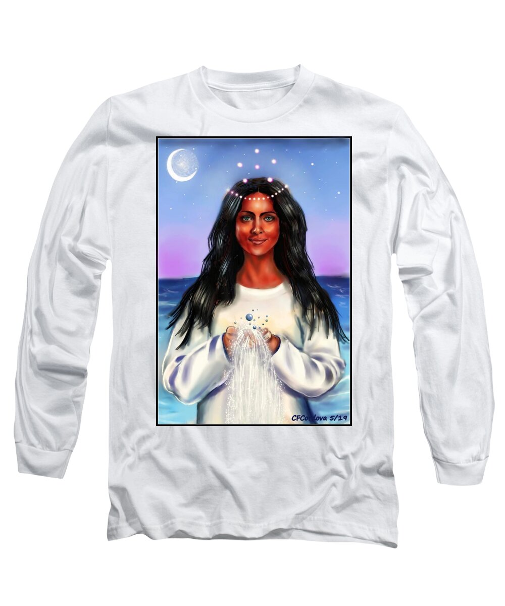 Yemaya Goddess Long Sleeve T-Shirt featuring the digital art Yemaya Ocean Moon by Carmen Cordova