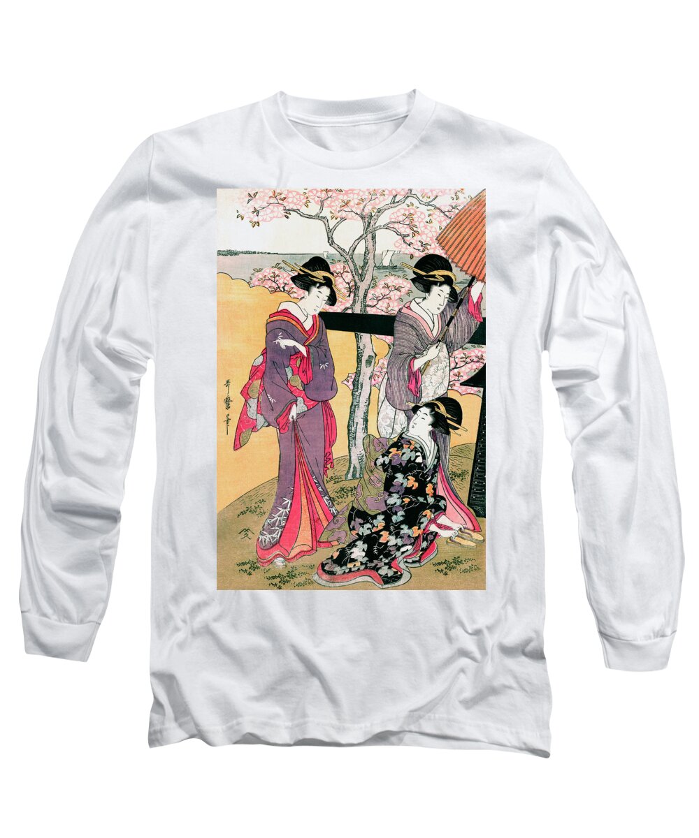 Garden Long Sleeve T-Shirt featuring the painting Gotenyama no Hanami Hidari #1 by Utamaro Kitagawa