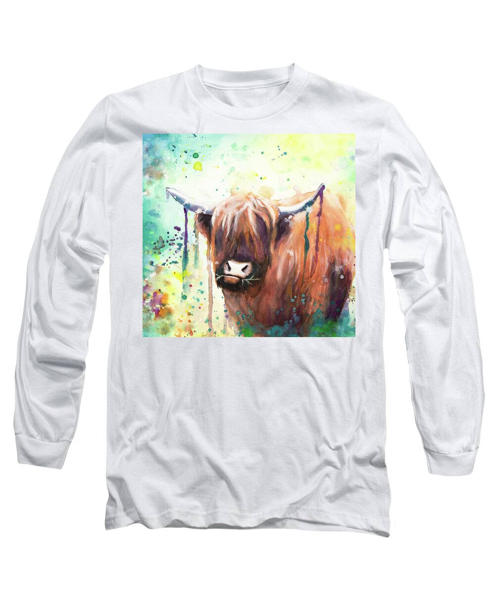 Highland Cow Long Sleeve T-Shirt featuring the painting Grazing by Kirsty Rebecca