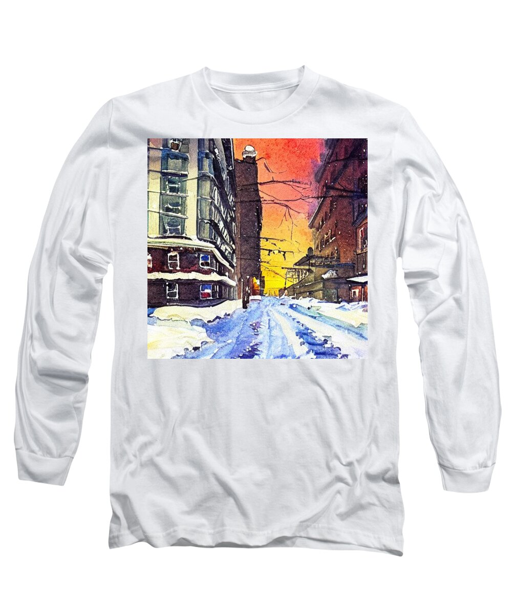 Watercolor Long Sleeve T-Shirt featuring the painting 1960s Hackensack in Winter by Christopher Lotito