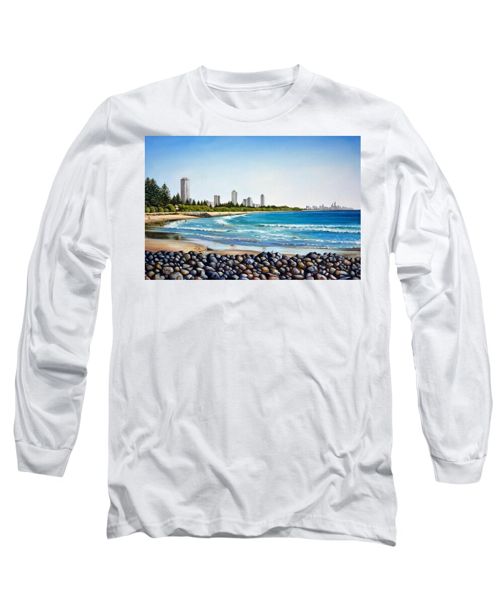 Beach Long Sleeve T-Shirt featuring the painting Burleigh Beach 210808 #1 by Selena Boron
