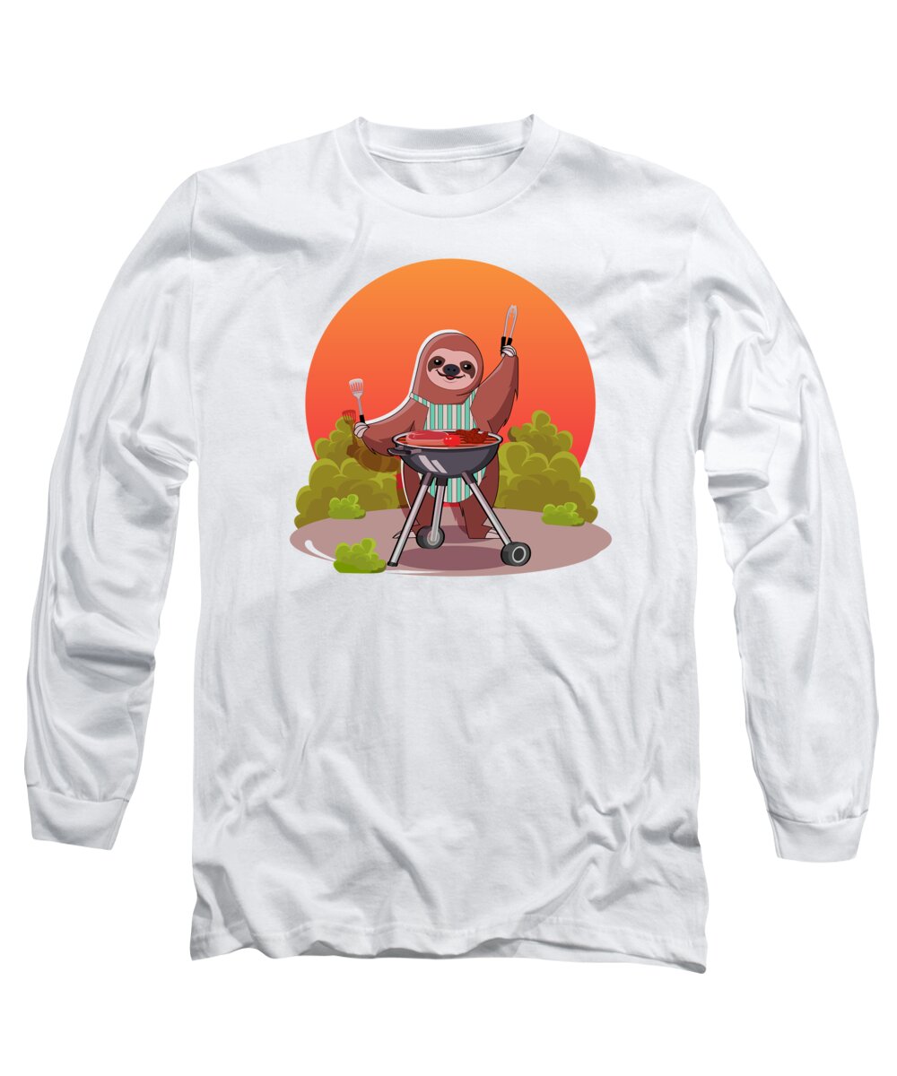 Sloth Long Sleeve T-Shirt featuring the digital art Cute Sloth Lazy BBQ Grilling Sloth Statement Chill #2 by Toms Tee Store