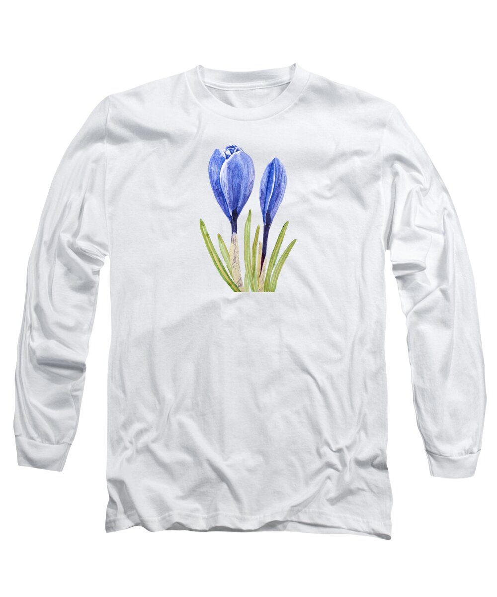 Purple Flower Long Sleeve T-Shirt featuring the painting 2 Purple Crocus Flowers by Color Color