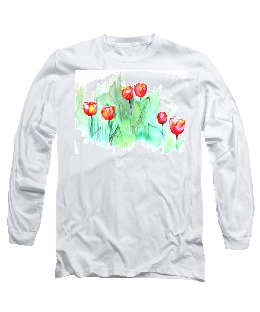 Red Tulips Long Sleeve T-Shirt featuring the painting Red Tulips by Katya Atanasova