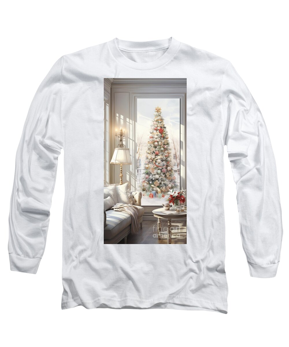 Christmas Tree Long Sleeve T-Shirt featuring the painting 3d watercolor painting living room with christm by Asar Studios by Celestial Images