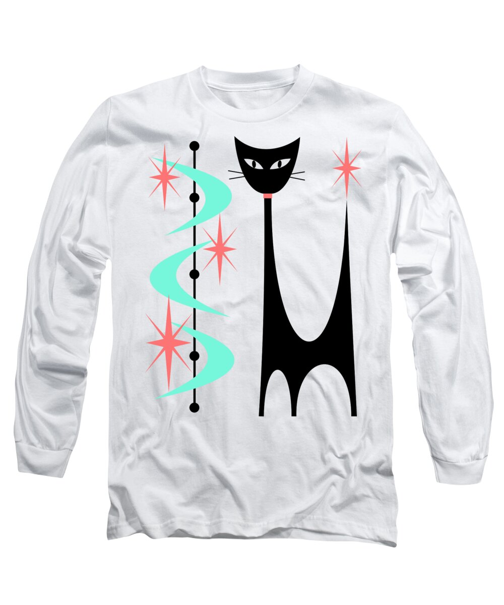 Mid Century Modern Long Sleeve T-Shirt featuring the digital art Atomic Cat Aqua and Pink #3 by Donna Mibus