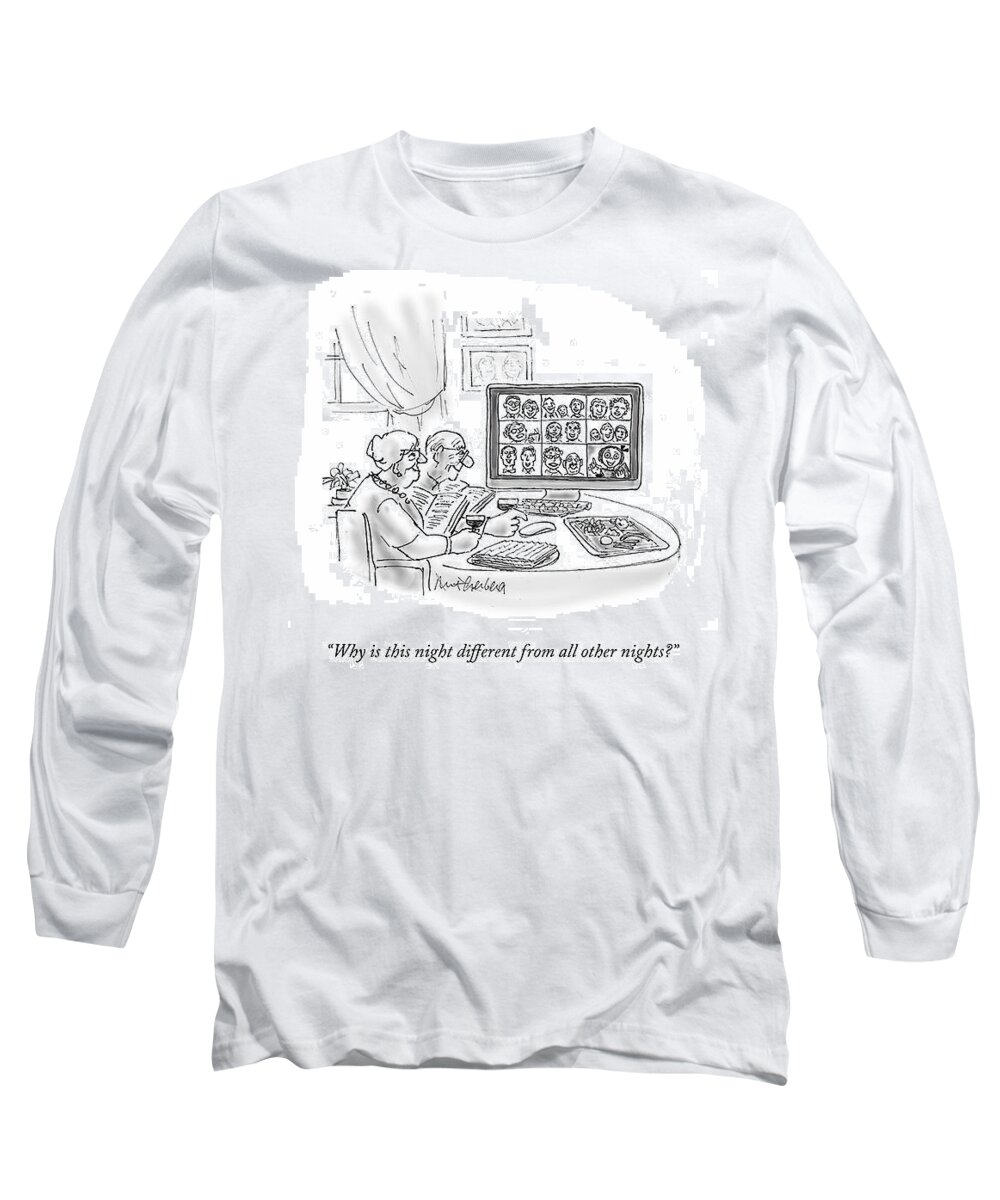 Why Is This Night Different From All Other Nights? Long Sleeve T-Shirt featuring the drawing A Different Night by Mort Gerberg