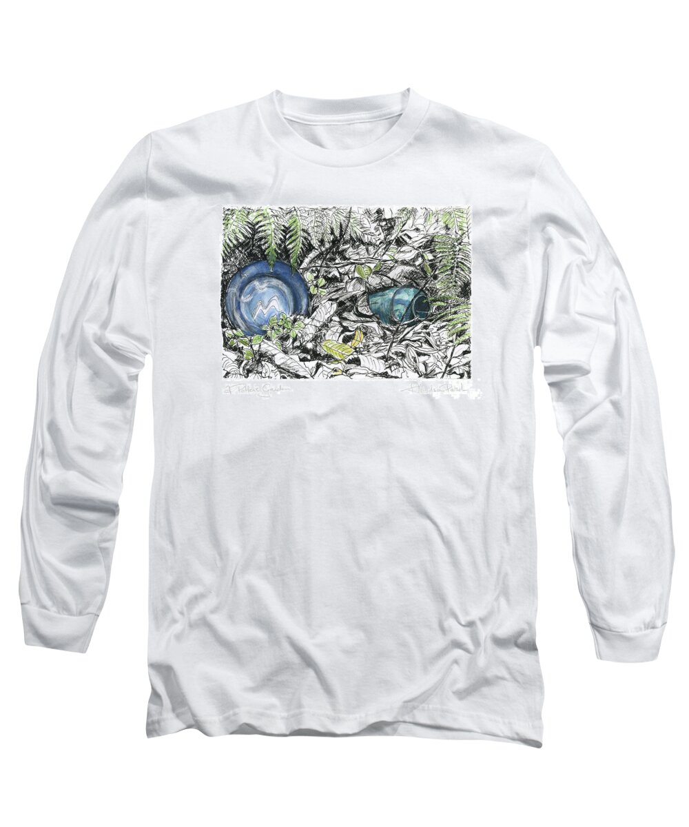 Fine Art Long Sleeve T-Shirt featuring the drawing A Potters Garden - Section 02 by Kerryn Madsen- Pietsch