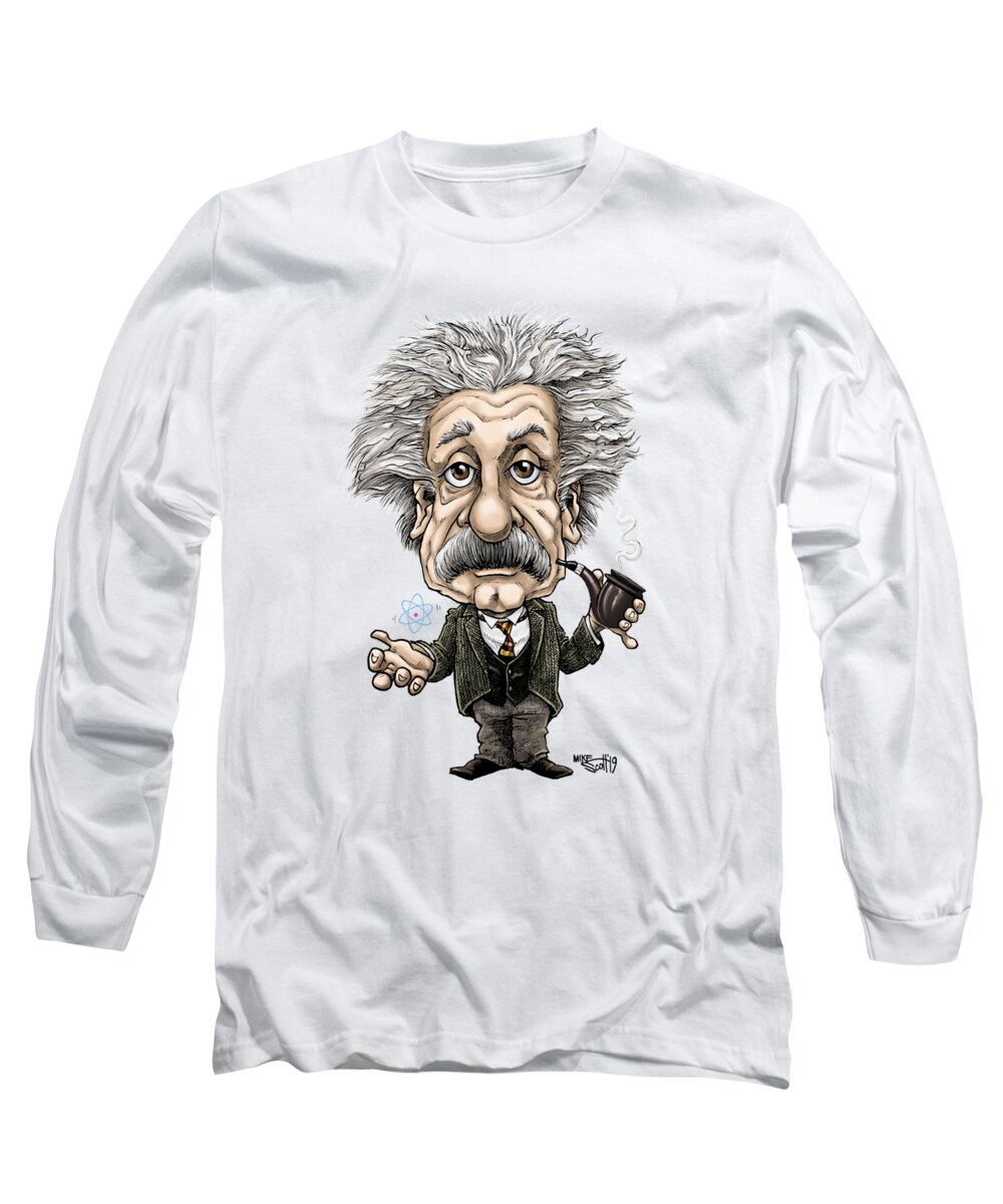 Cartoon Long Sleeve T-Shirt featuring the drawing Albert Einstein in color by Mike Scott