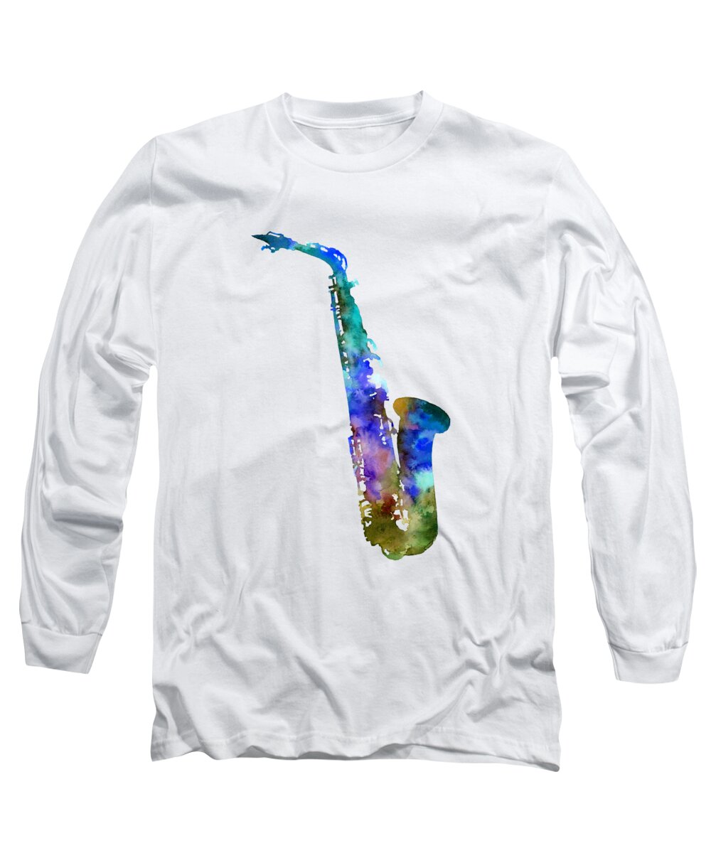 Alto Sax Long Sleeve T-Shirt featuring the painting Alto Sax-Blue by Hailey E Herrera