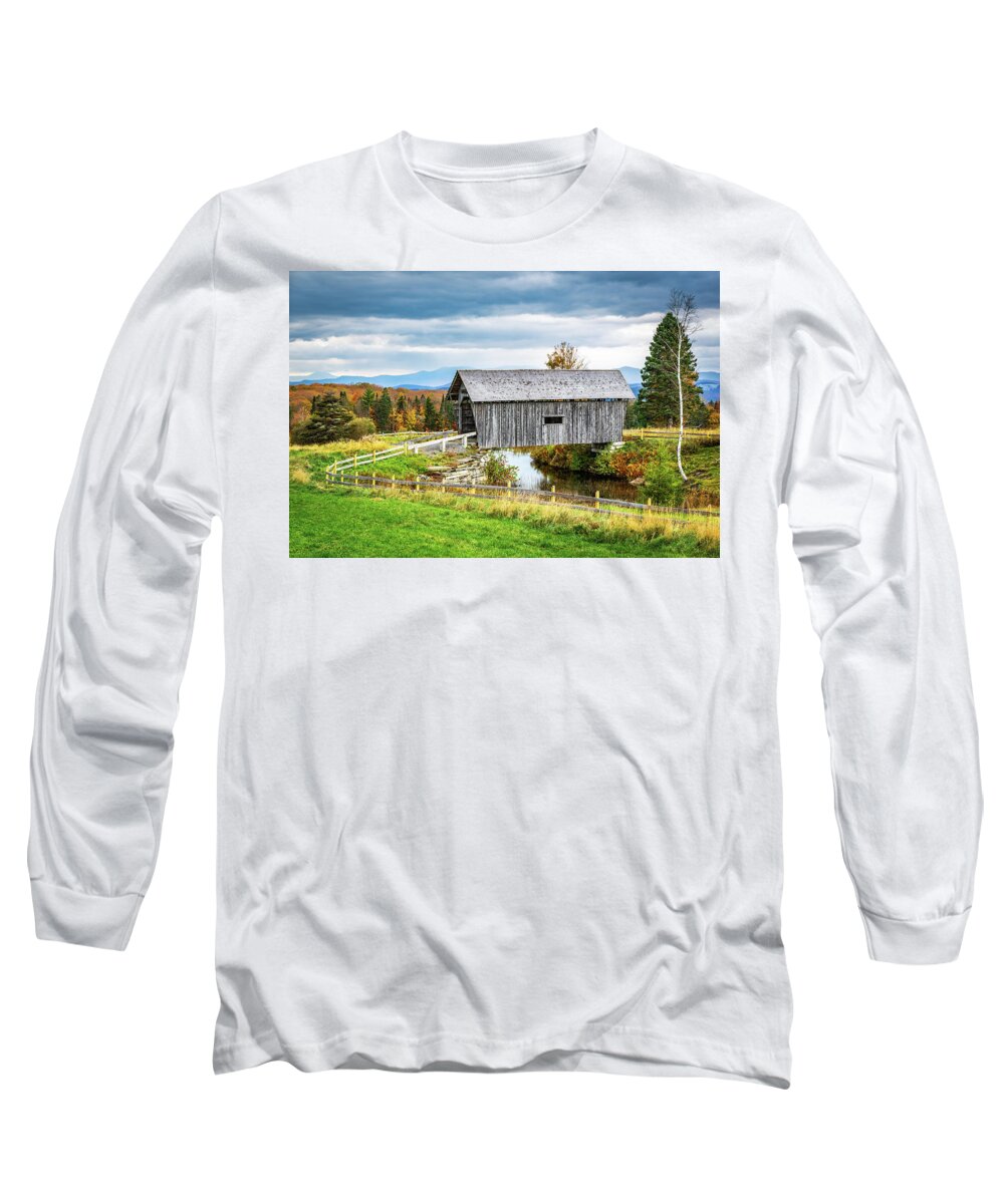 Architecture Long Sleeve T-Shirt featuring the photograph AM Foster Covered Bridge in Cabot Plains, Vermont. by Mihai Andritoiu