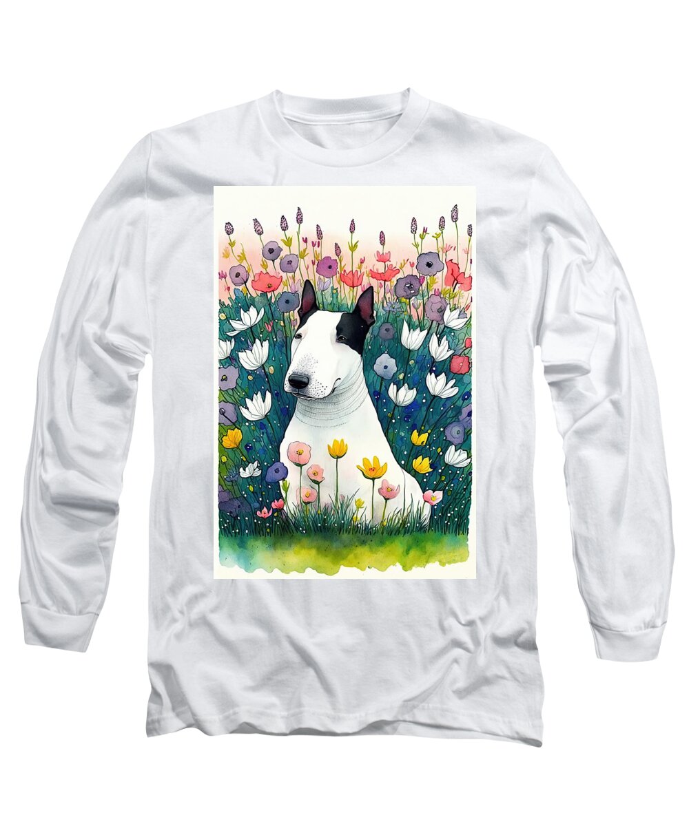 American Bulldog Long Sleeve T-Shirt featuring the digital art American Bull dog in flower field 3 by Debbie Brown