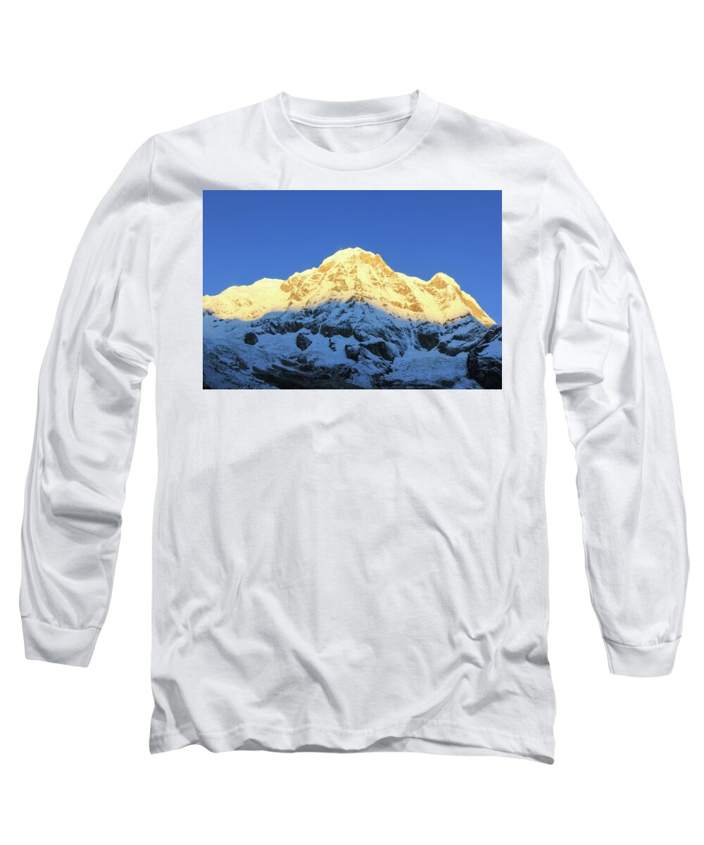 Nepal Long Sleeve T-Shirt featuring the photograph Annapurna mountain snow sunrise Restaurant Decoration by Josu Ozkaritz