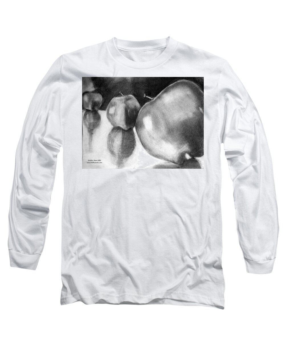 Charcoal Long Sleeve T-Shirt featuring the drawing Apples in charcoal by Shelley Bain