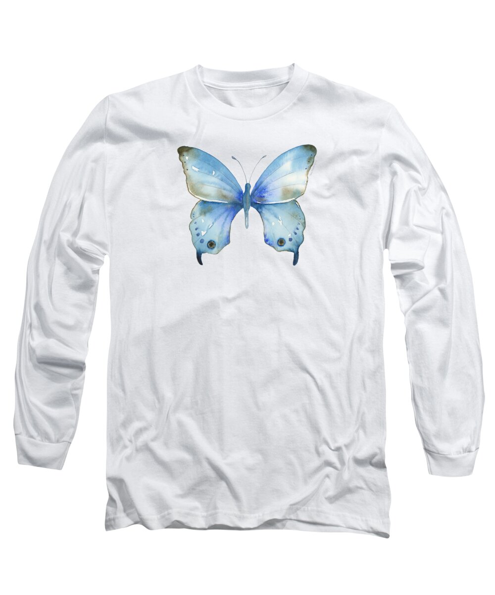 Blue And Brown Butterfly Long Sleeve T-Shirt featuring the painting #109 Blue Diana Butterfly #109 by Amy Kirkpatrick
