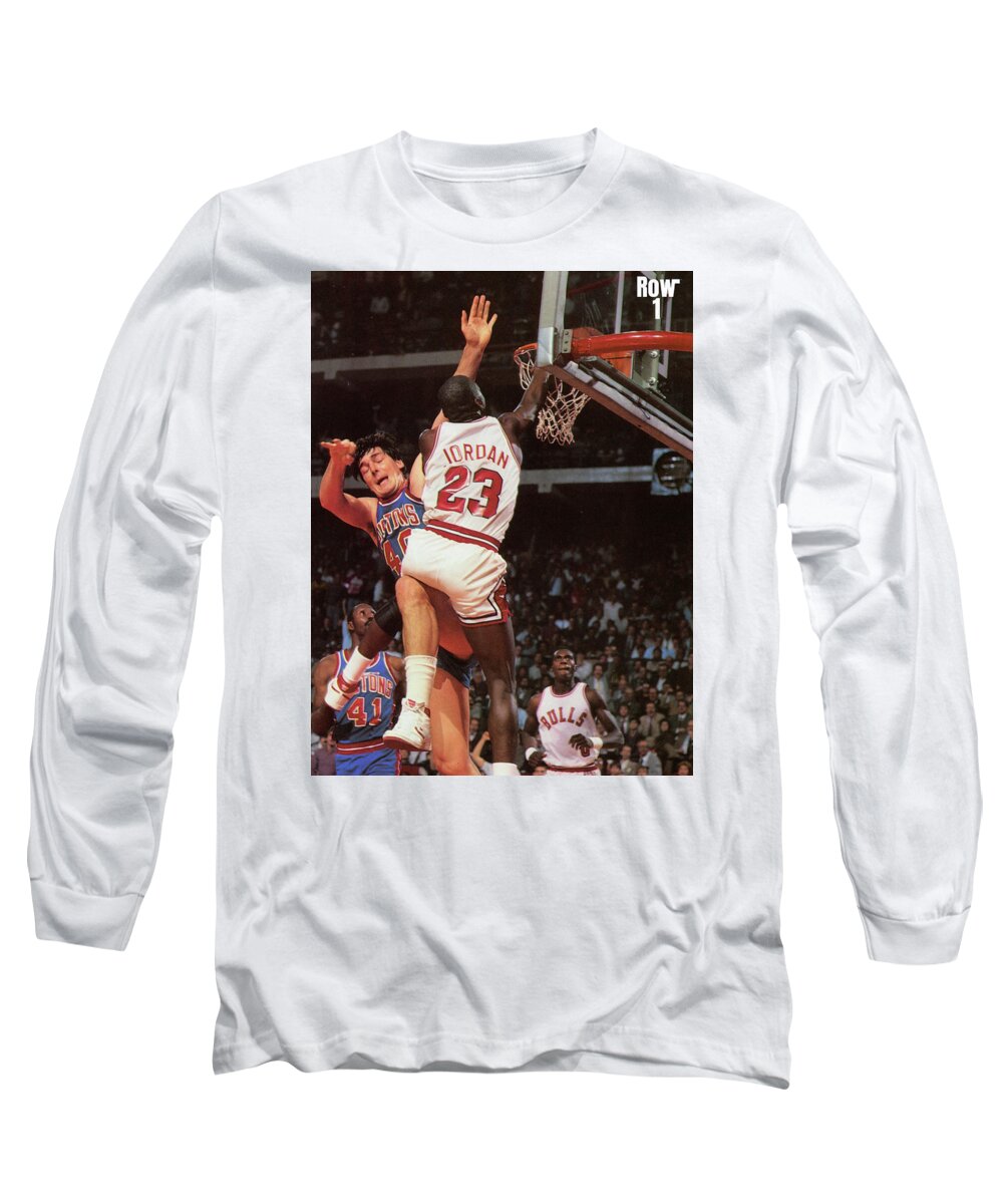 Michael Jordan Dunks Long Sleeve T-Shirt featuring the mixed media Michael Jordan Dunk Over Detroit by Row One Brand