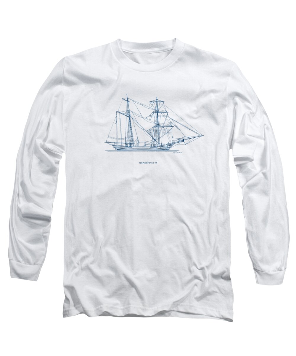 Sailing Vessels Long Sleeve T-Shirt featuring the drawing Bricogoletta - traditional Greek sailing ship by Panagiotis Mastrantonis