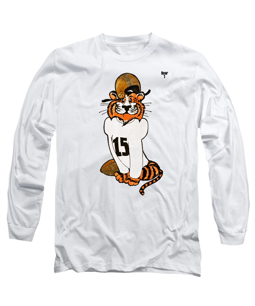 Vinnie The Tiger Long Sleeve T-Shirt featuring the mixed media Vinnie the Vintage Football Tiger by Row One Brand