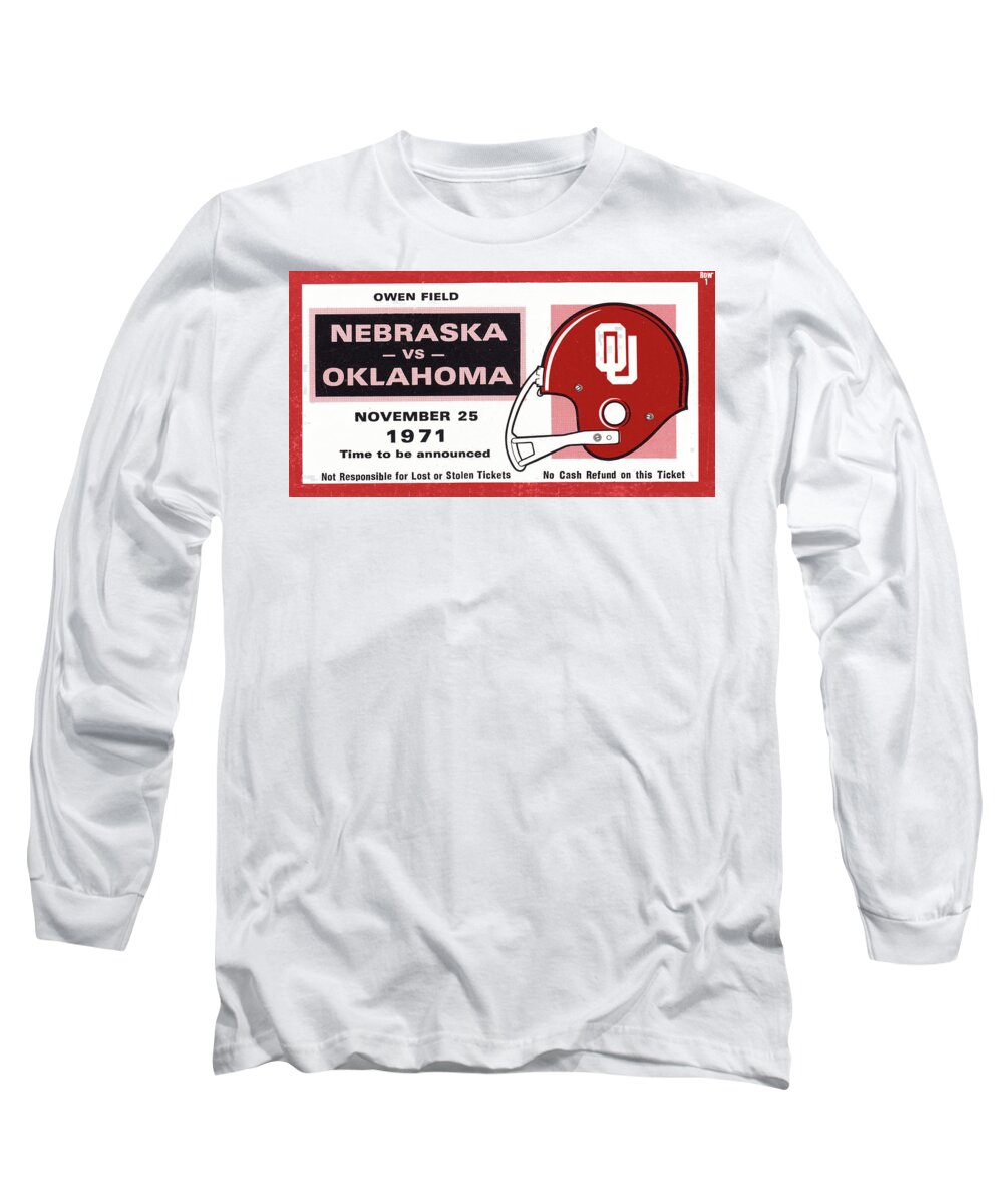 Oklahoma Football Long Sleeve T-Shirt featuring the mixed media 1971 Game of the Century Ticket Stub Remix by Row One Brand