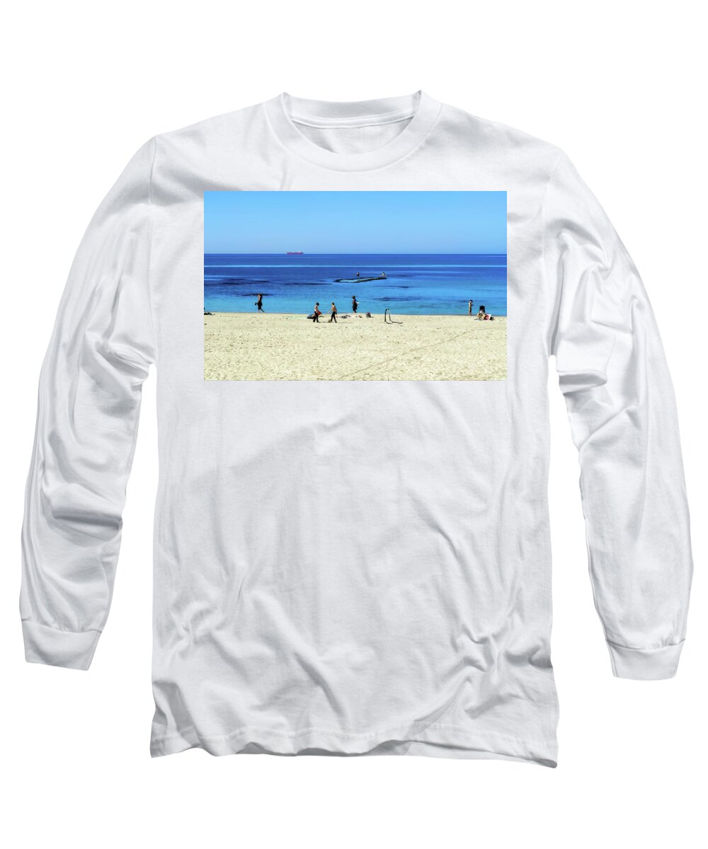 Andreas Gursky Long Sleeve T-Shirt featuring the photograph At Mikhmoret Beach by Meir Ezrachi