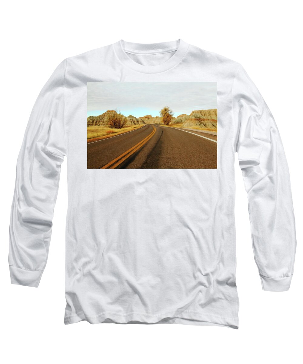 Badlands National Park Long Sleeve T-Shirt featuring the photograph Badland Blacktop by Lens Art Photography By Larry Trager