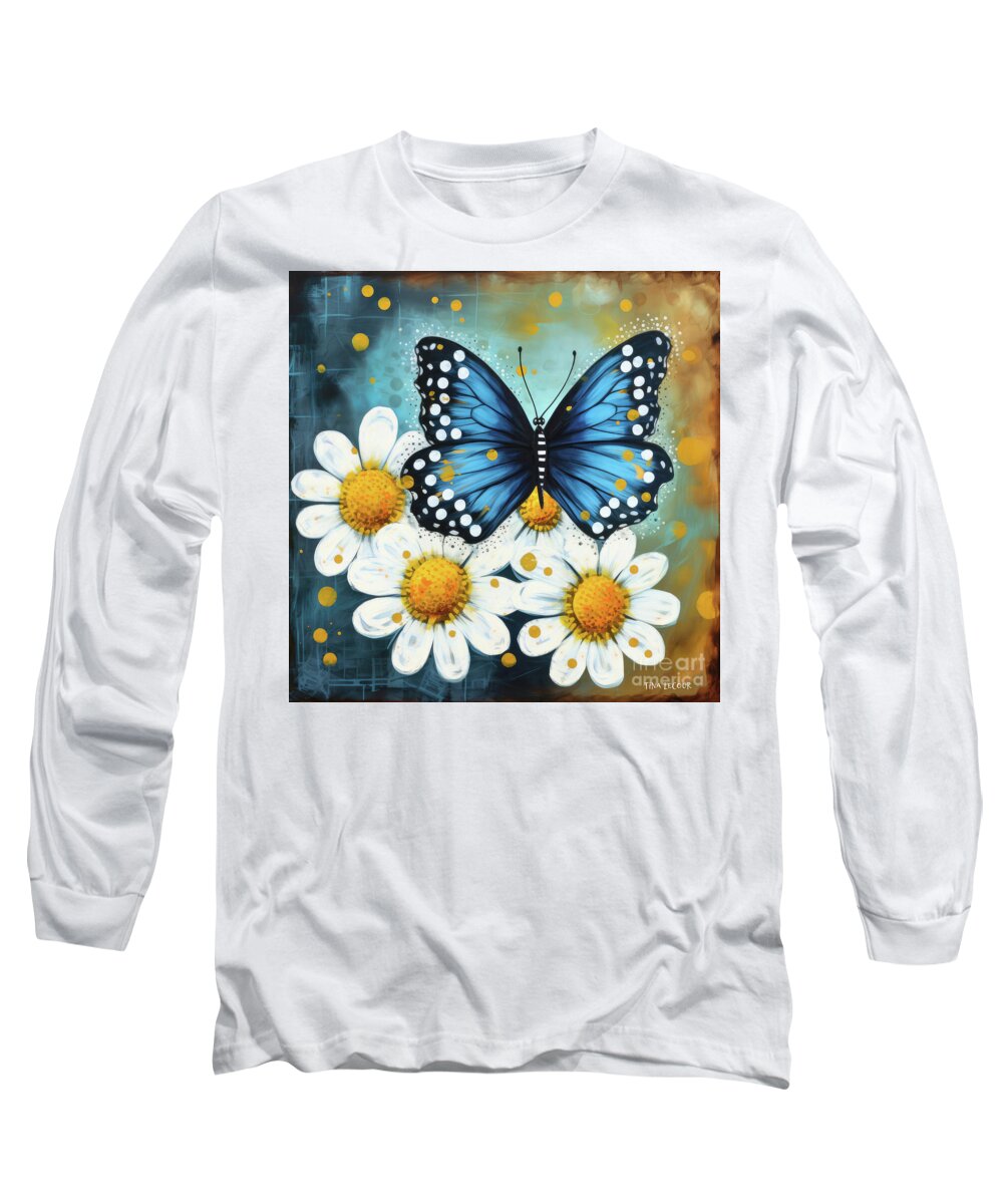 Blue Butterfly Long Sleeve T-Shirt featuring the painting Blue Butterfly And Daises by Tina LeCour